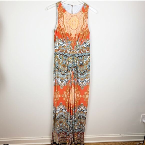 Donna Morgan Orange Print Sleeveless Boho Scarf Print Maxi Dress 6 - Picture 4 of 16
